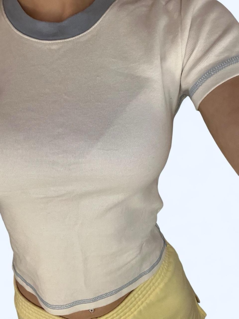 Brandy Melville Women's White Baby Tee with Blue Trim